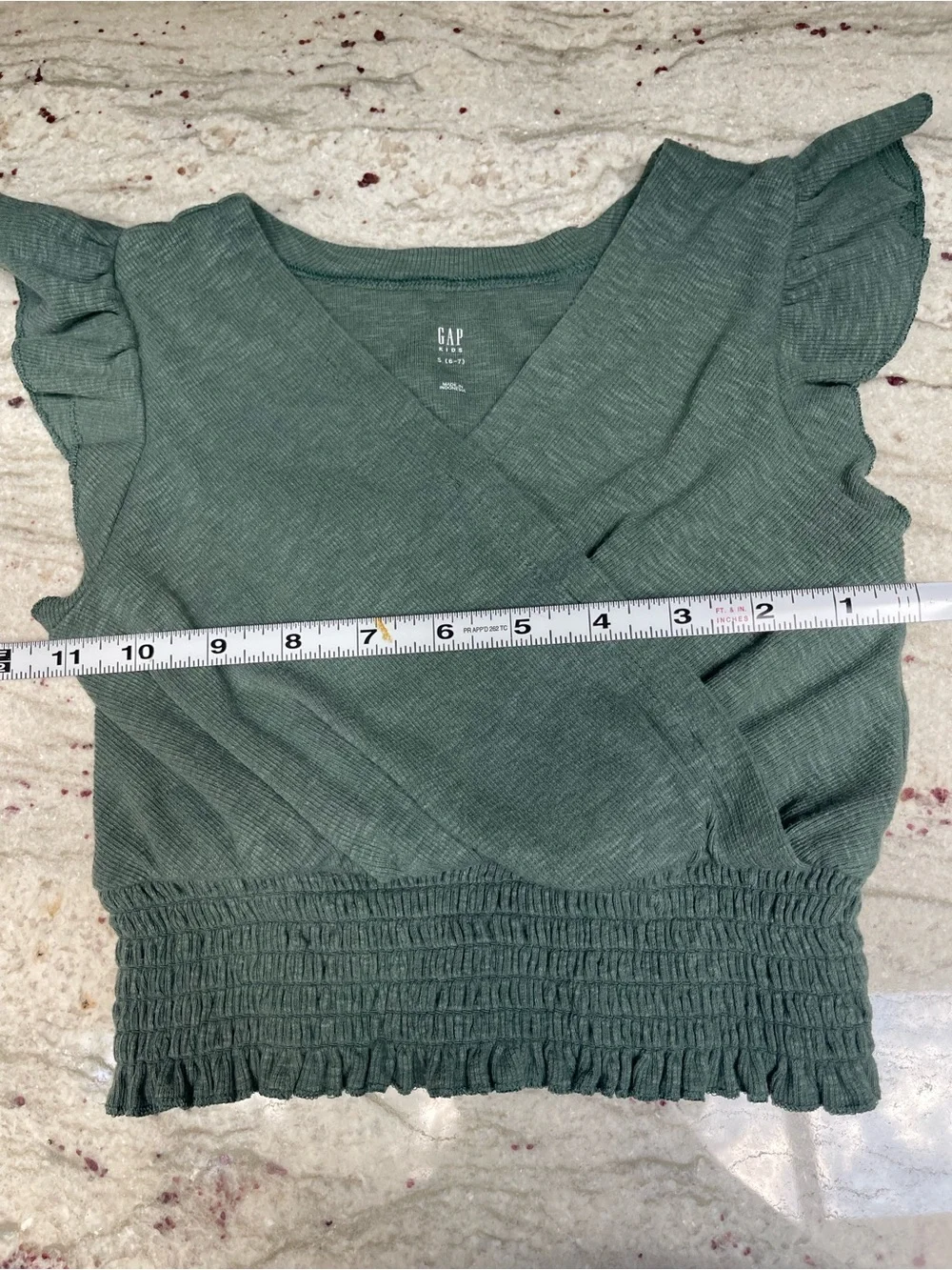 GAP Sage Dark Forest Green V-Neck Smocked Hem Flutter Sleeve Top Sz 6/7 Cotton